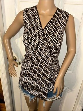 Cato Black and Cream Sleeveless Faux-Wrap Camisole